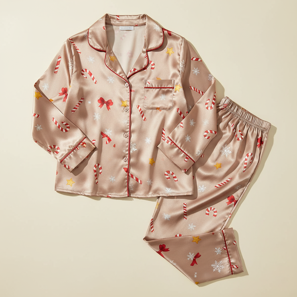 Pink pajama set with festive patterns on a beige background