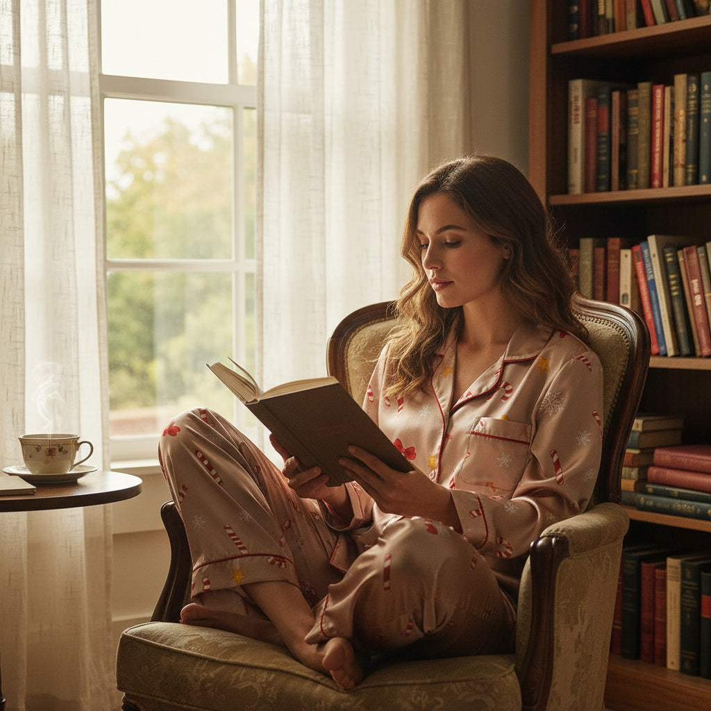 Woman in a pink pajama set with festive patterns reading a book in a cozy room with a window and bookshelf.