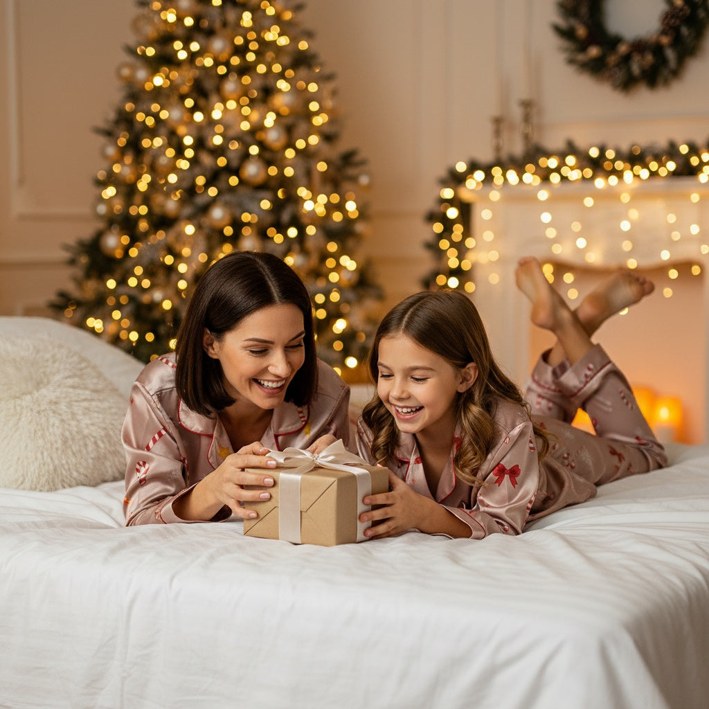 Mother and daughter in pink pajama sets with festive patterns opening a gift box in a cozy room with Christmas decorations.