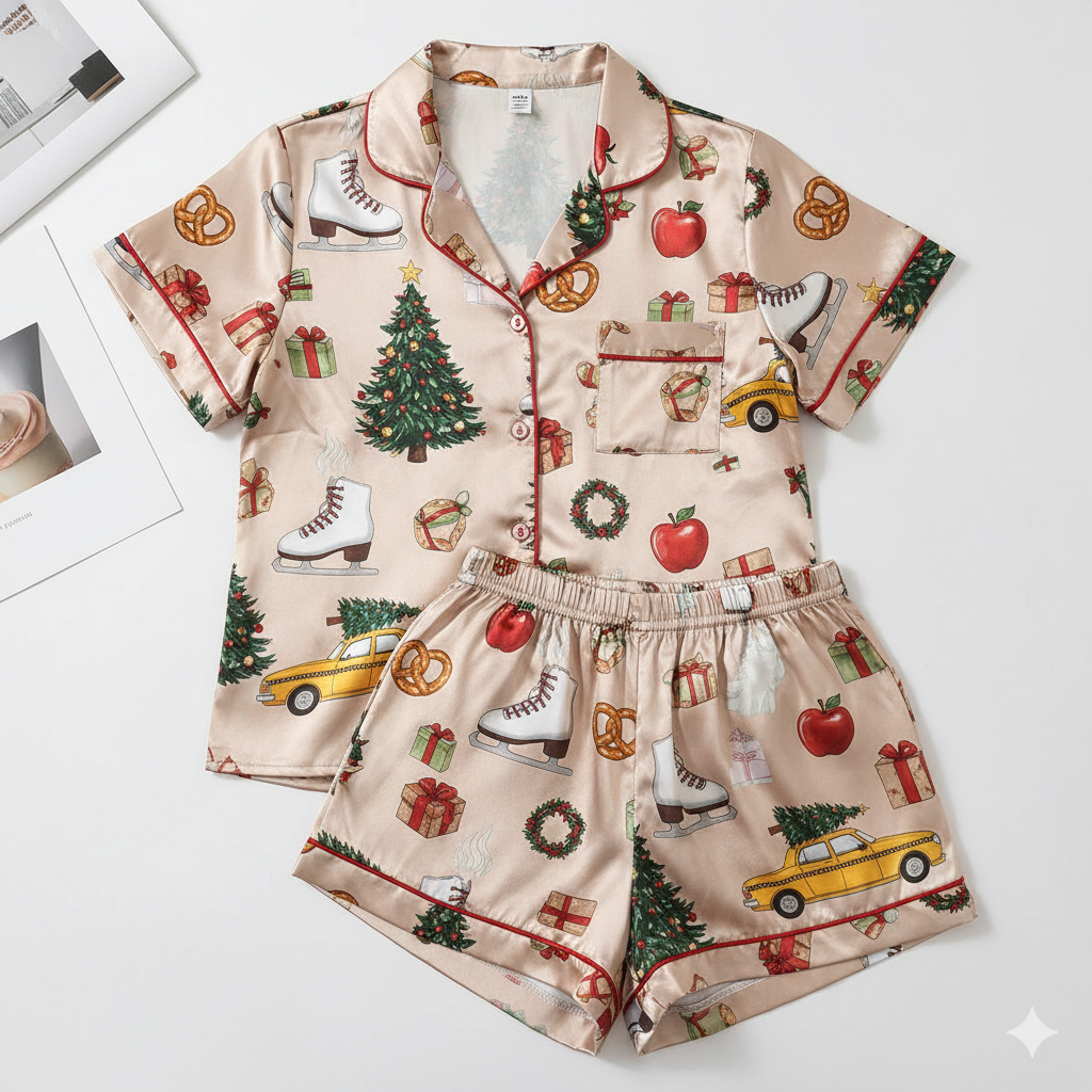 Christmas-themed pajama set with various patterns on a white background