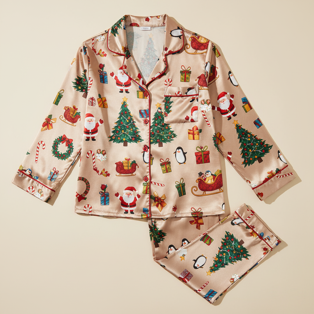 Christmas-themed pajama set with festive patterns on a beige background