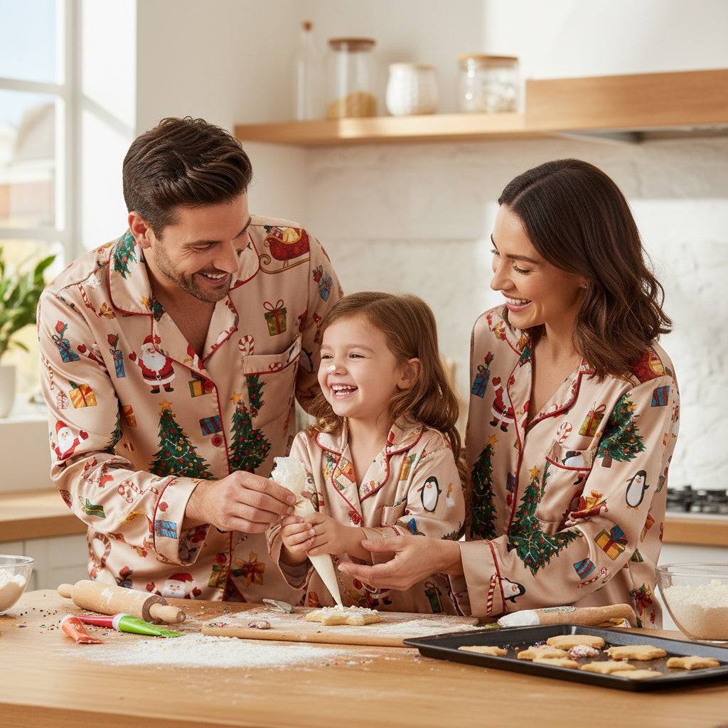 Family of three in matching holiday pajamas baking cookies in a kitchen.