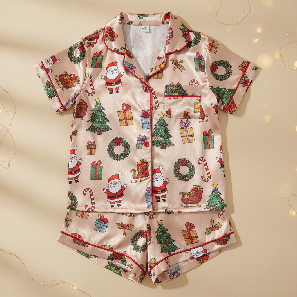 Christmas-themed pajama set with Santa Claus, trees, and presents on a beige background.