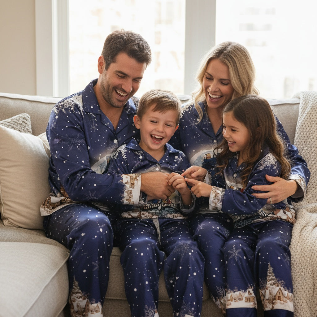 Family of four wearing matching blue Doctor Who-themed pajamas with Christmas patterns, sitting on a couch.