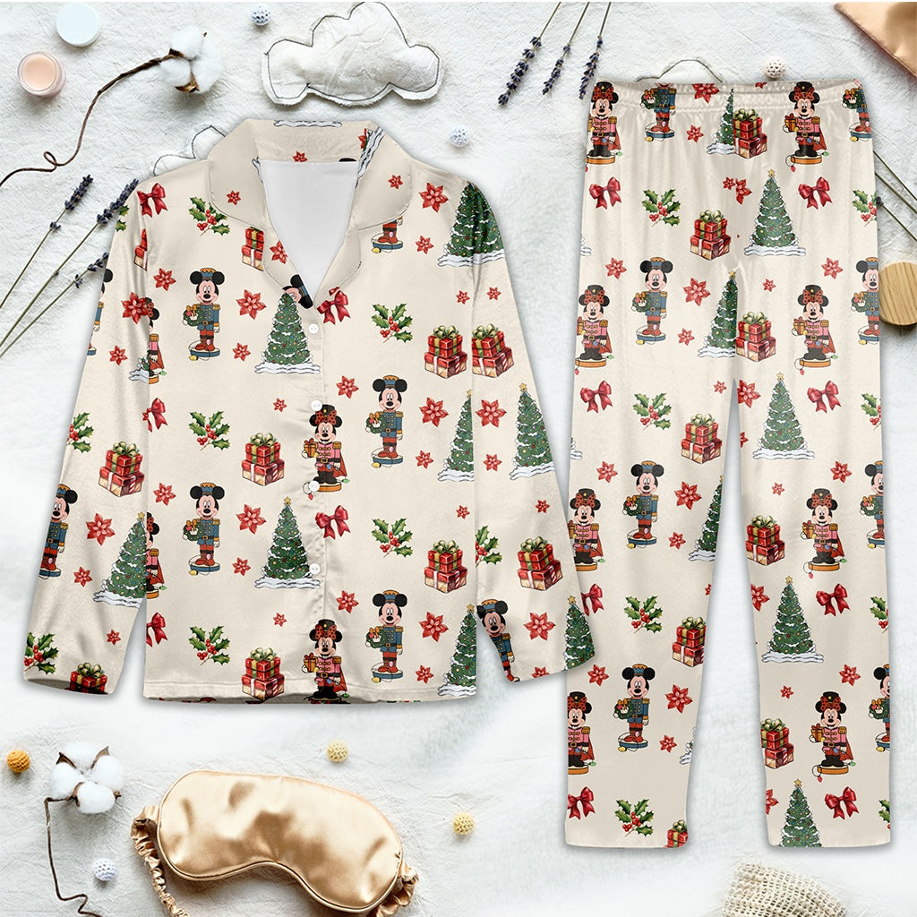 Christmas-themed Mickey and Minnie pajama set on a light background