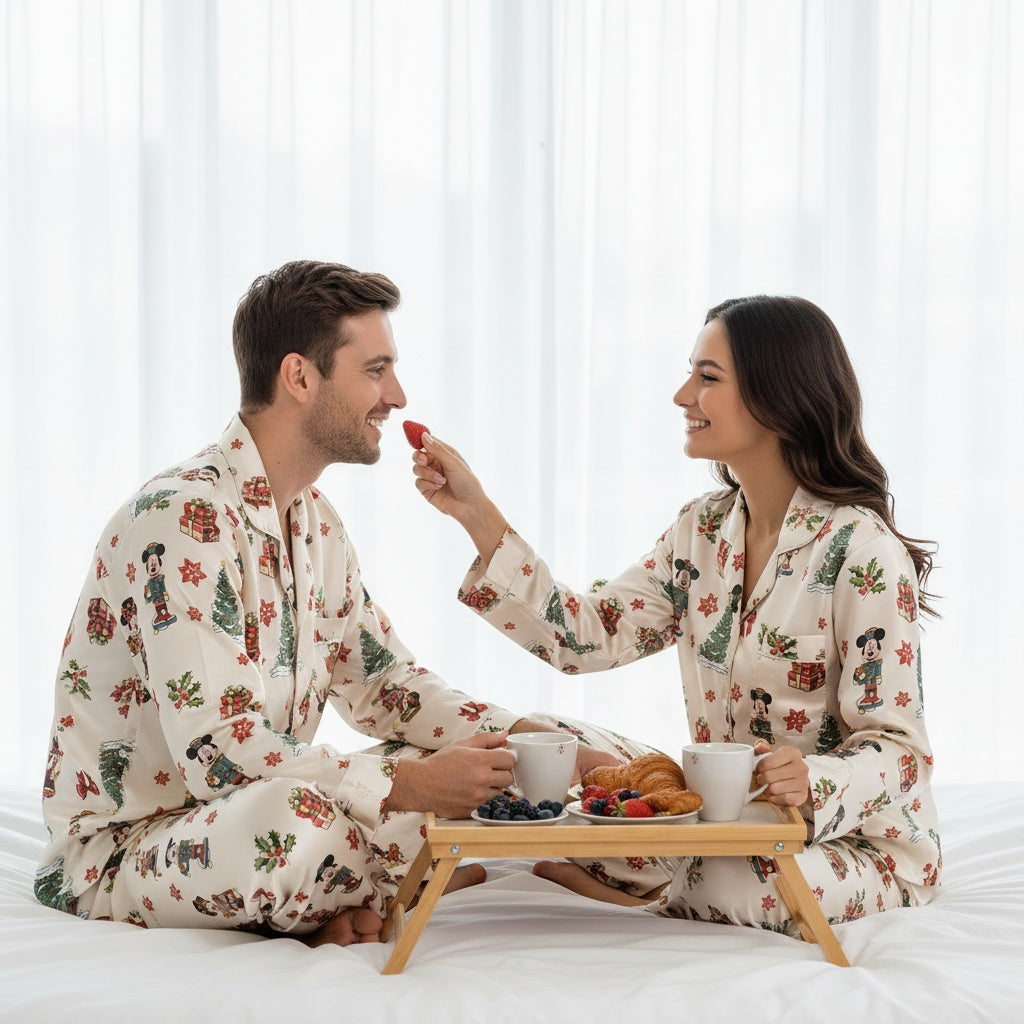 Couple in matching Christmas-themed Mickey and Minnie pajamas feeding each other with a breakfast tray on a bed.