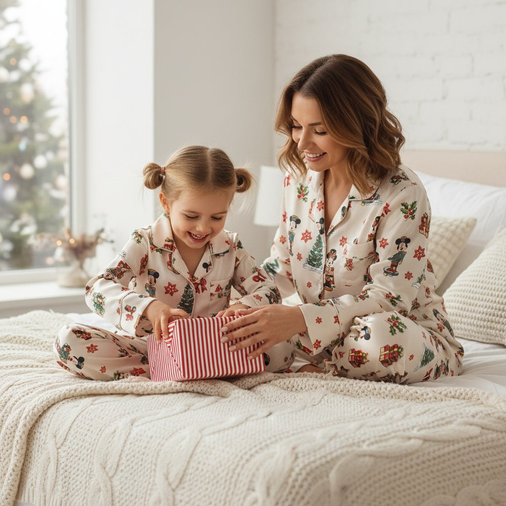 Woman and child in matching Christmas-themed Mickey and Minnie pajama sets opening a gift box on a bed.