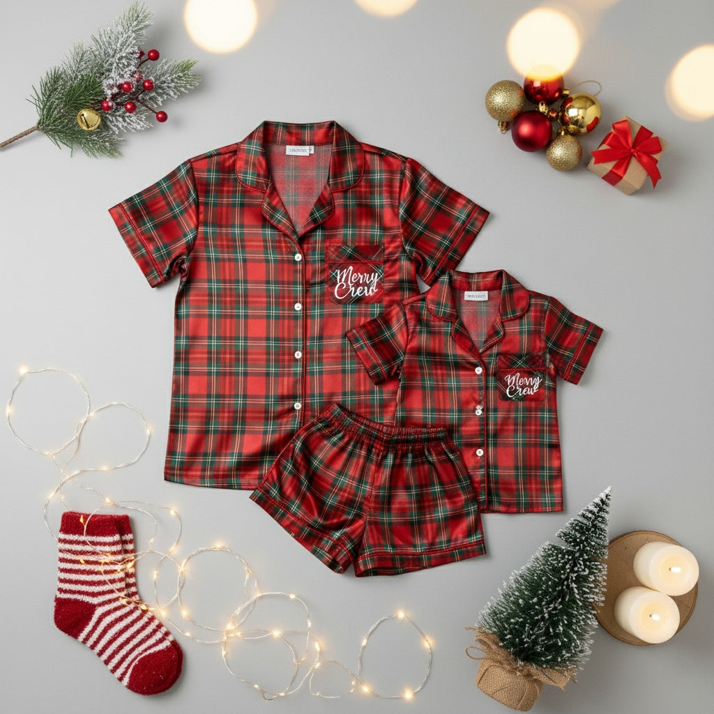 Red plaid pajama set with 'Merry Crew' text, surrounded by Christmas decorations on a light gray background.