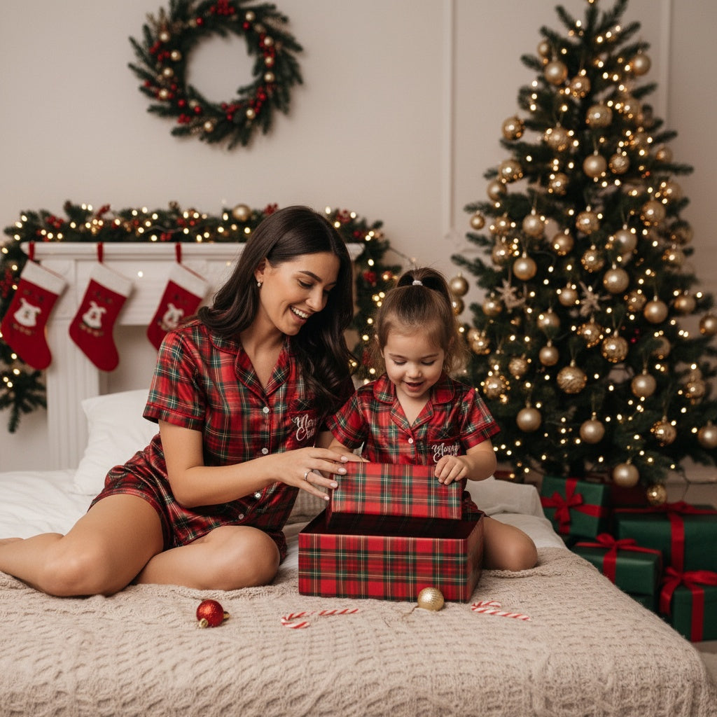 Woman and child in matching plaid holiday themed-pajamas opening a Christmas gift box in a festively decorated room with a tree and stockings.