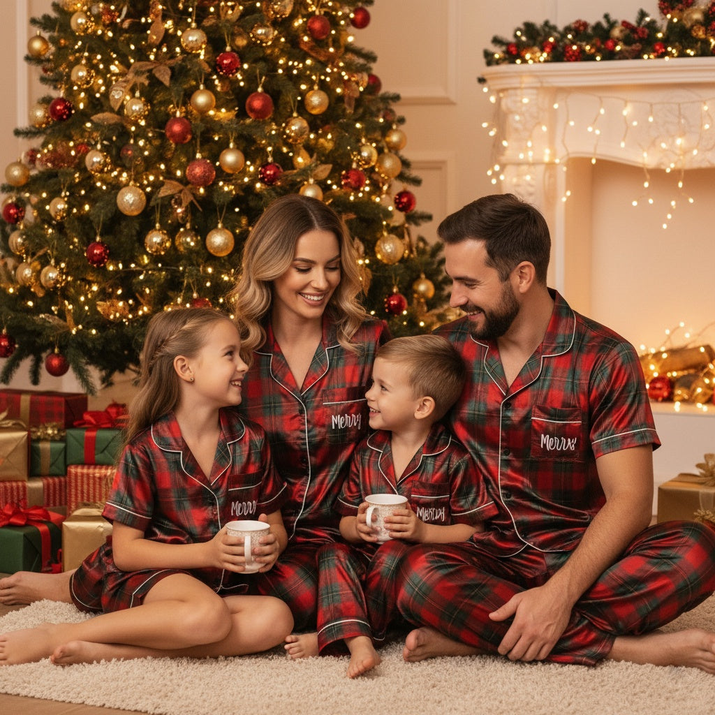 Family of four in matching holiday red plaid pajamas sitting in front of a Christmas tree.