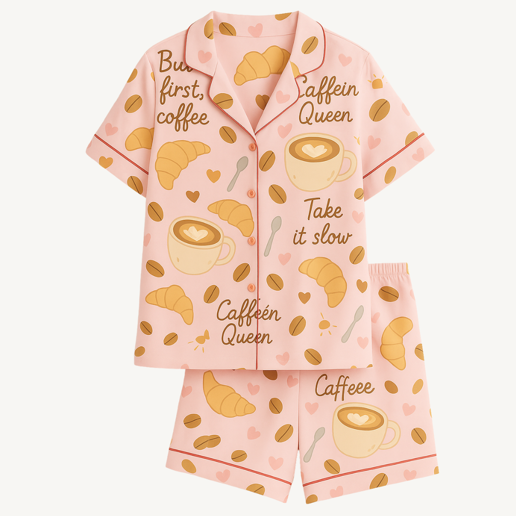 Pink pajama set with coffee-themed graphics and text on a white background
