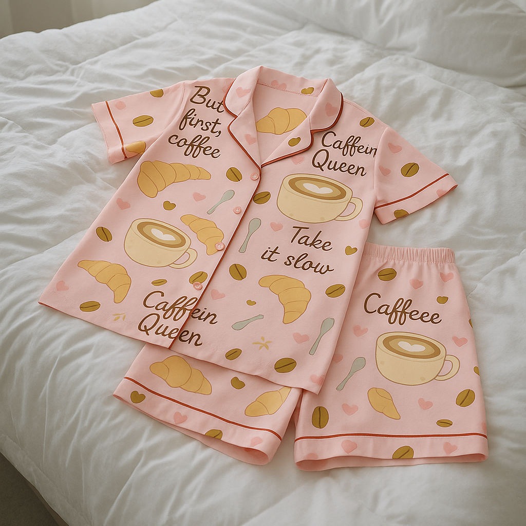 Pink pajama set with coffee-themed design on a white bed