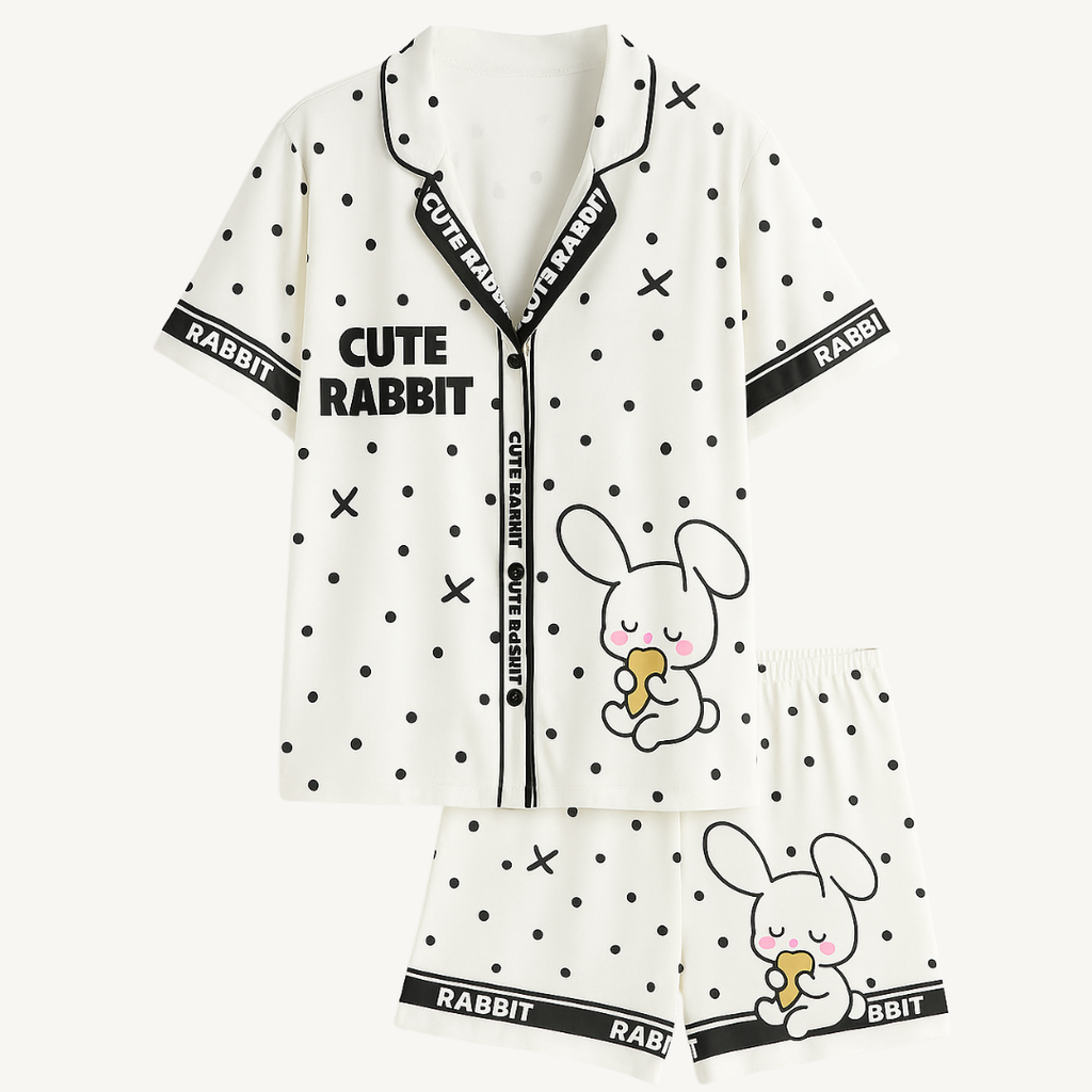 Cute pajama set with bunny design on a white background