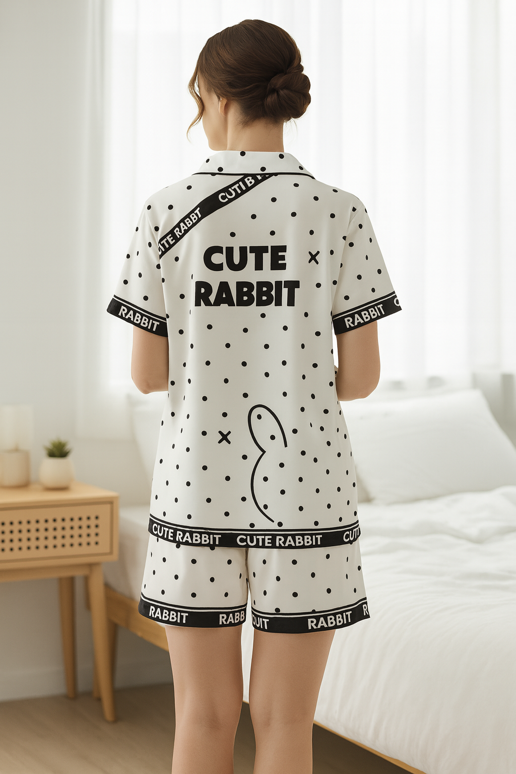 Woman wearing a 'Cute Rabbit' pajama set in a bedroom setting