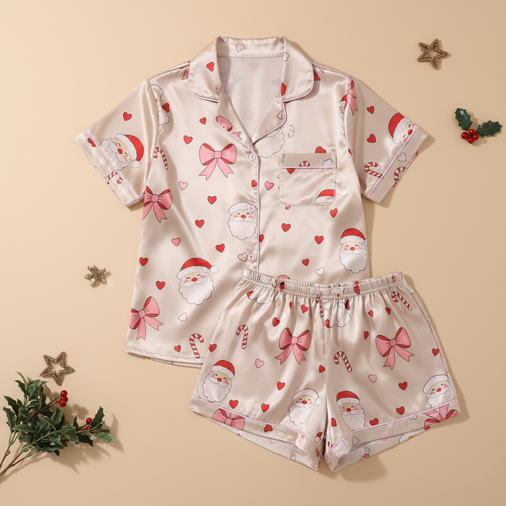 Christmas-themed pajama set with Santa Claus, hearts, and bows on a beige background.