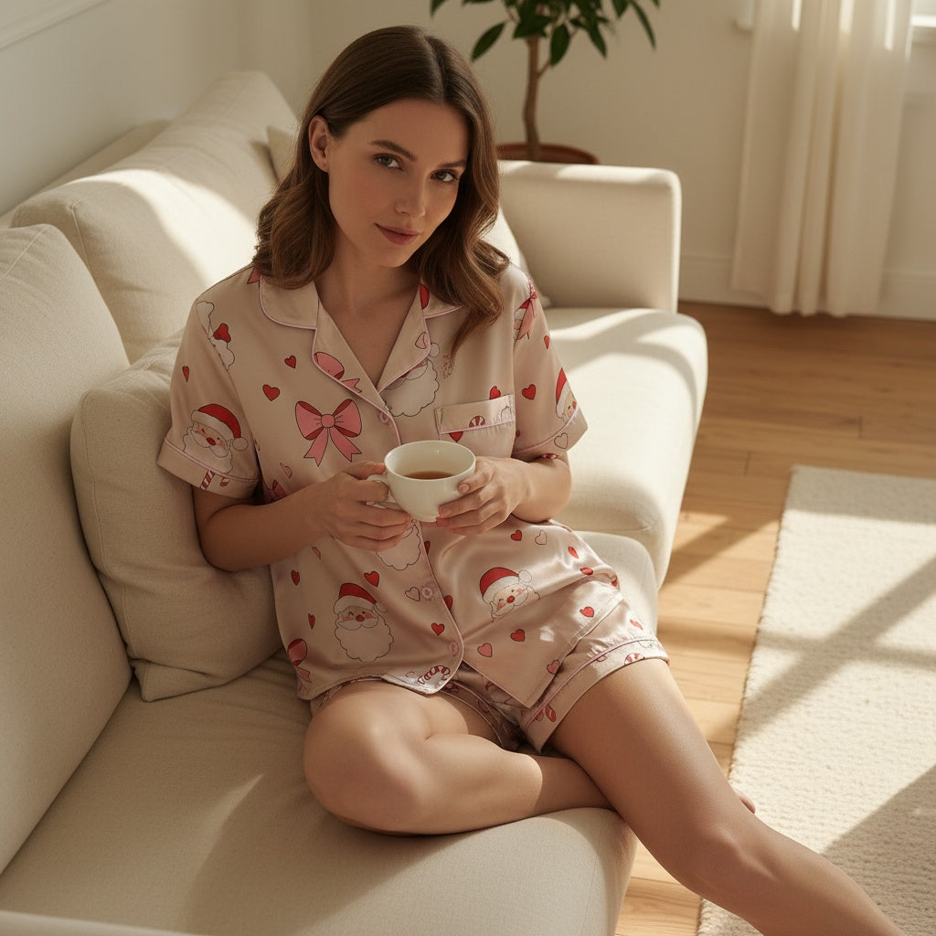 Woman in Christmas-themed pajama set with Santa Claus, hearts, and bows holding a mug on a couch in a bright living room.