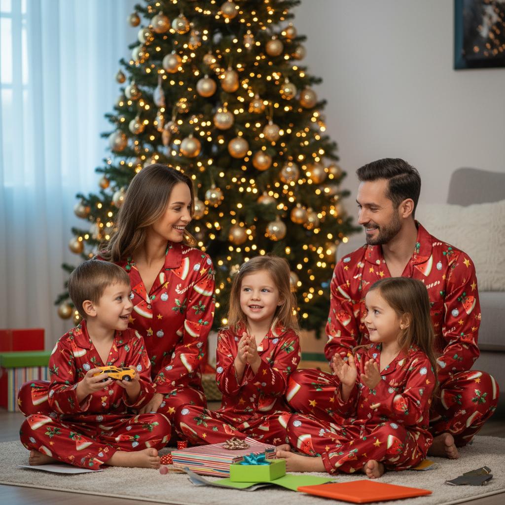 Family of five in matching festive watermelon pajamas sitting on the floor in front of a decorated Christmas tree.