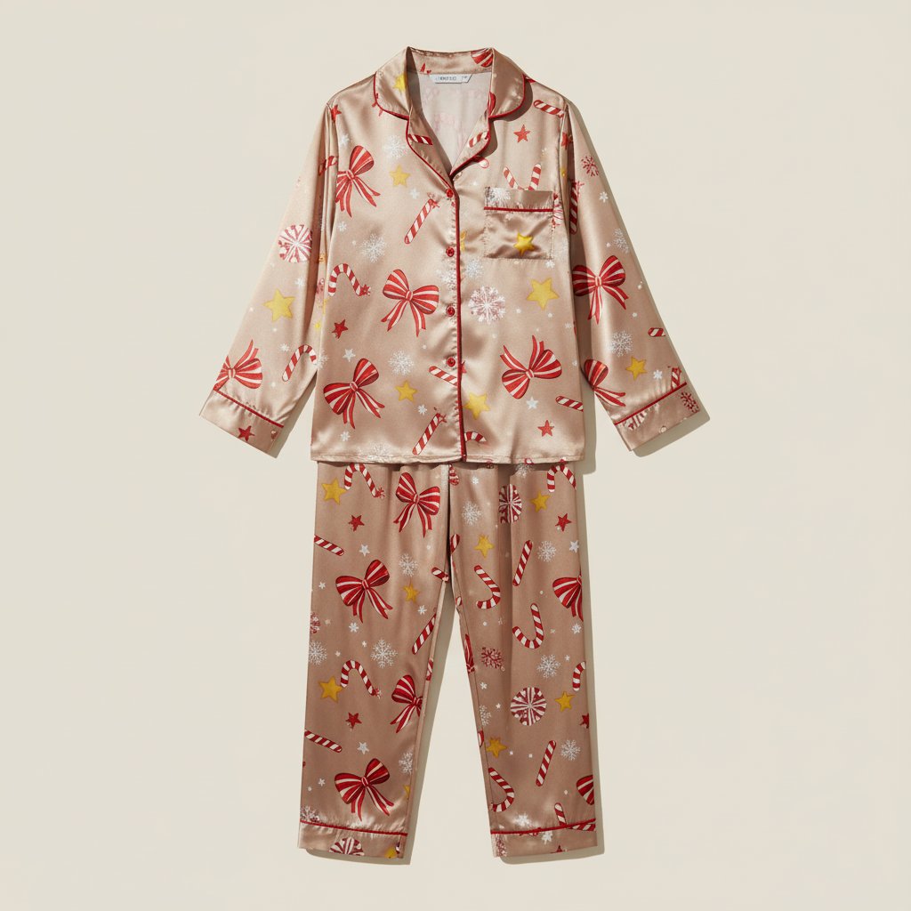 Christmas-themed pajama set with festive bow pattern on a beige background