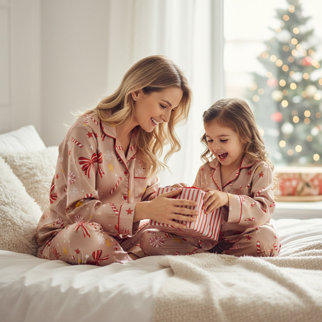 Woman and child in matching Christmas-themed pajamas with festive bow pattern opening a gift in front of a Christmas tree.