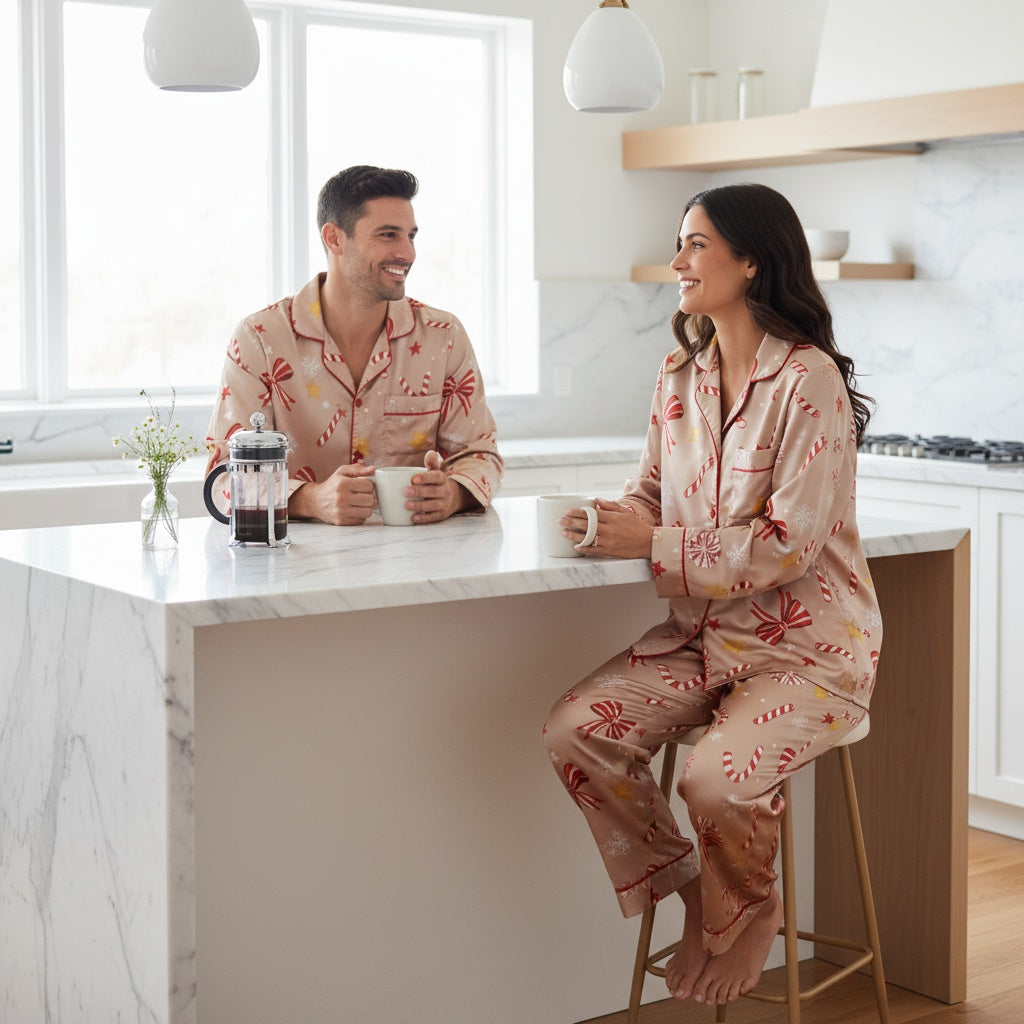 Man and woman in matching Christmas-themed pajama set with festive bow pattern sitting at a kitchen counter, enjoying coffee.