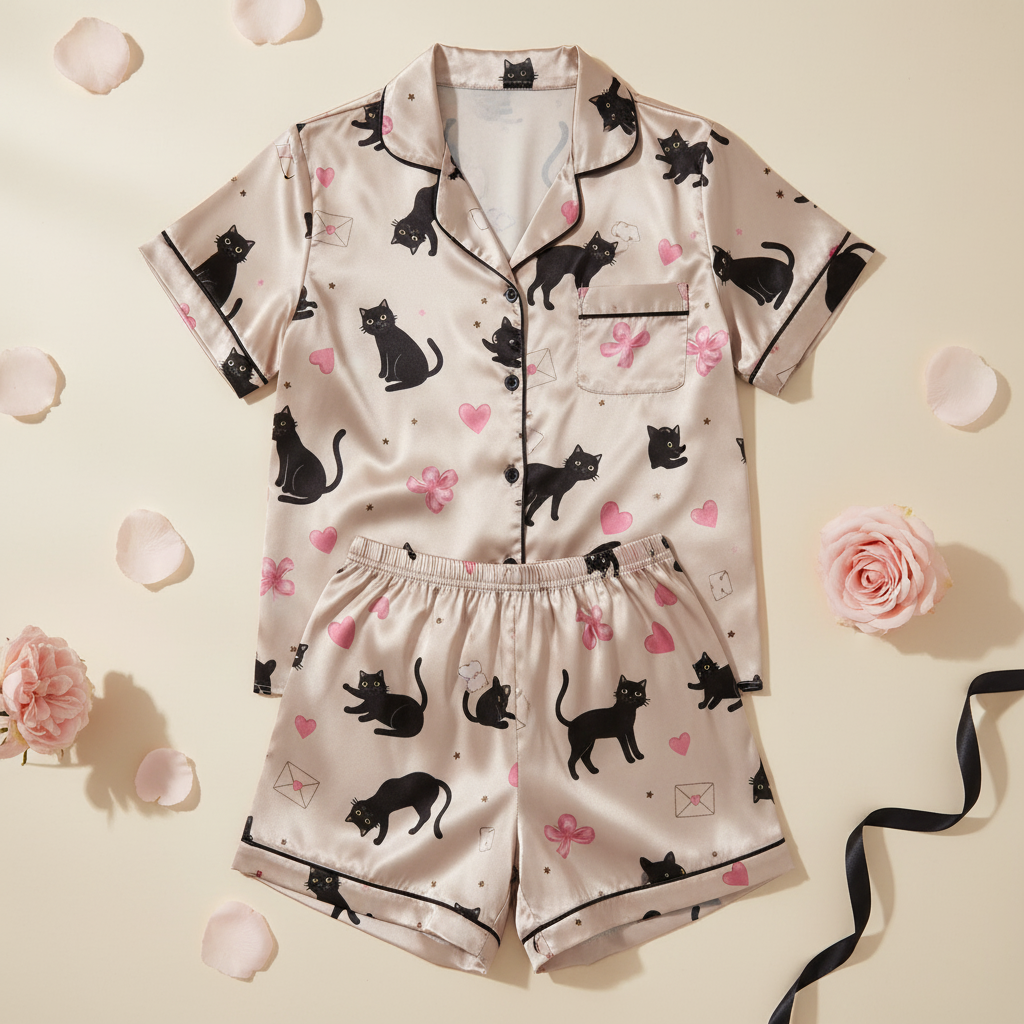 Cat-themed pajama set on a light background with flowers and pink hearts.