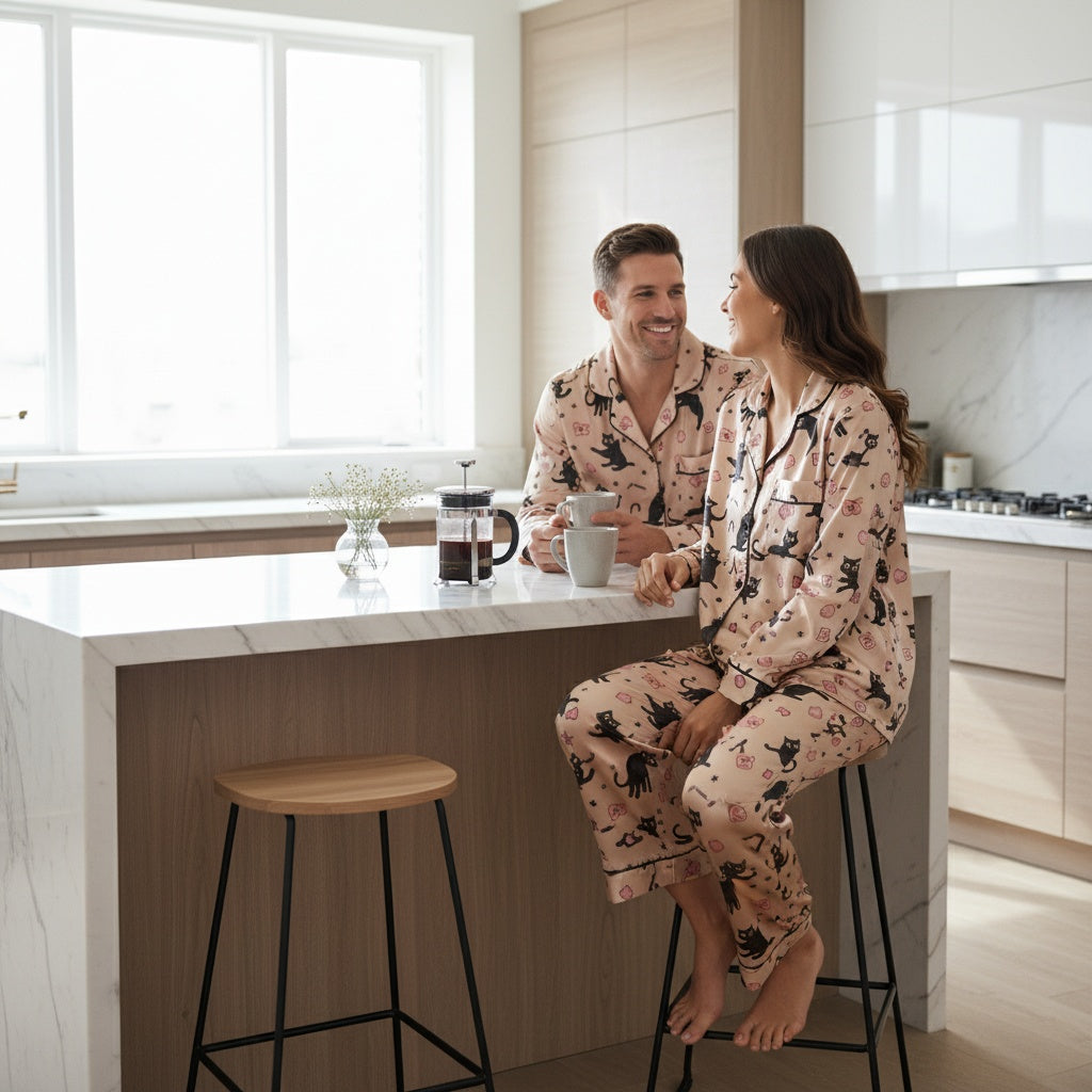 Man and woman in matching cat-themed pajamas sitting on stools in a kitchen.