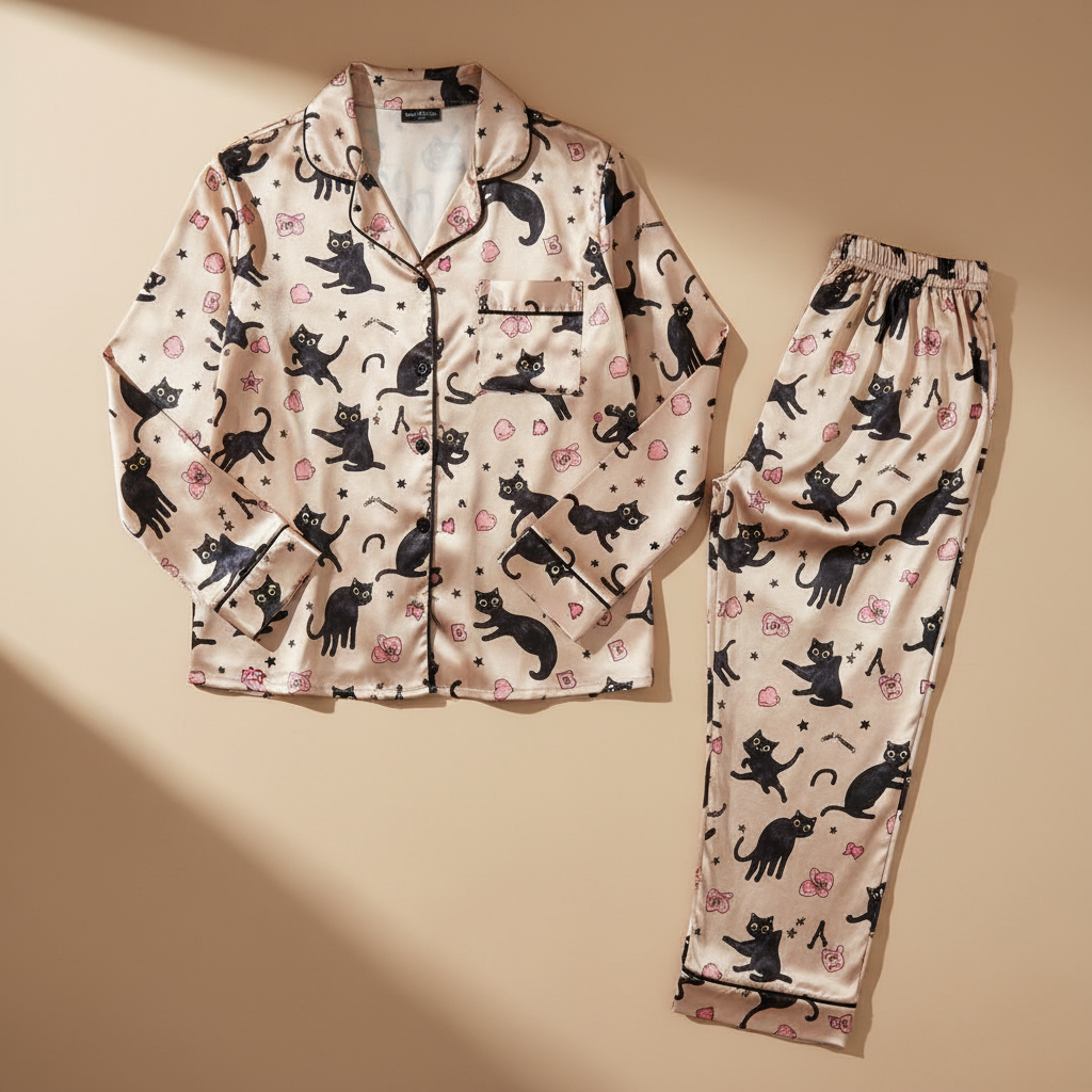 Cat-themed pajama set on a light background with flowers and pink hearts.