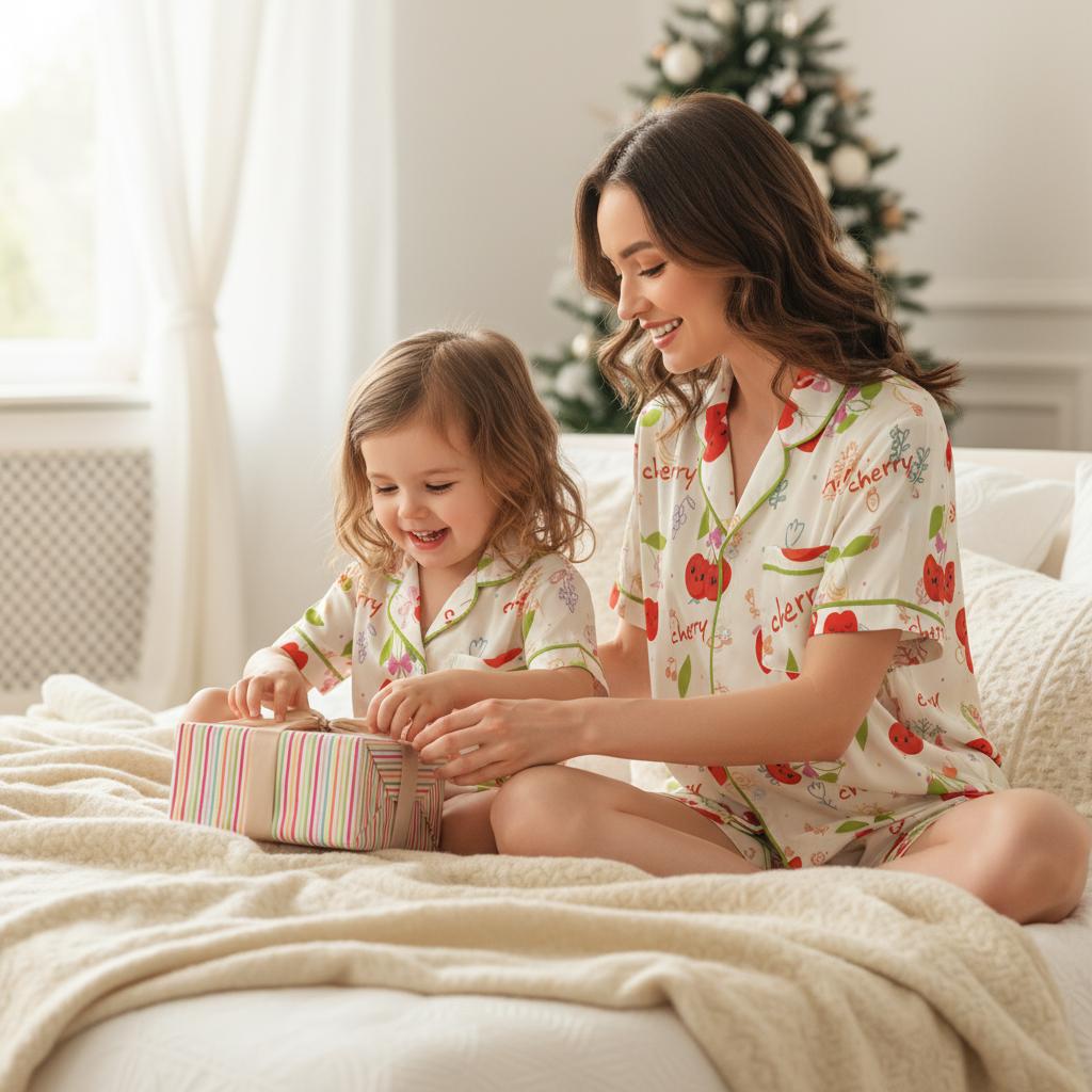 Woman and child in matching cherry themed pajamas sitting on a bed with a Christmas tree in the background