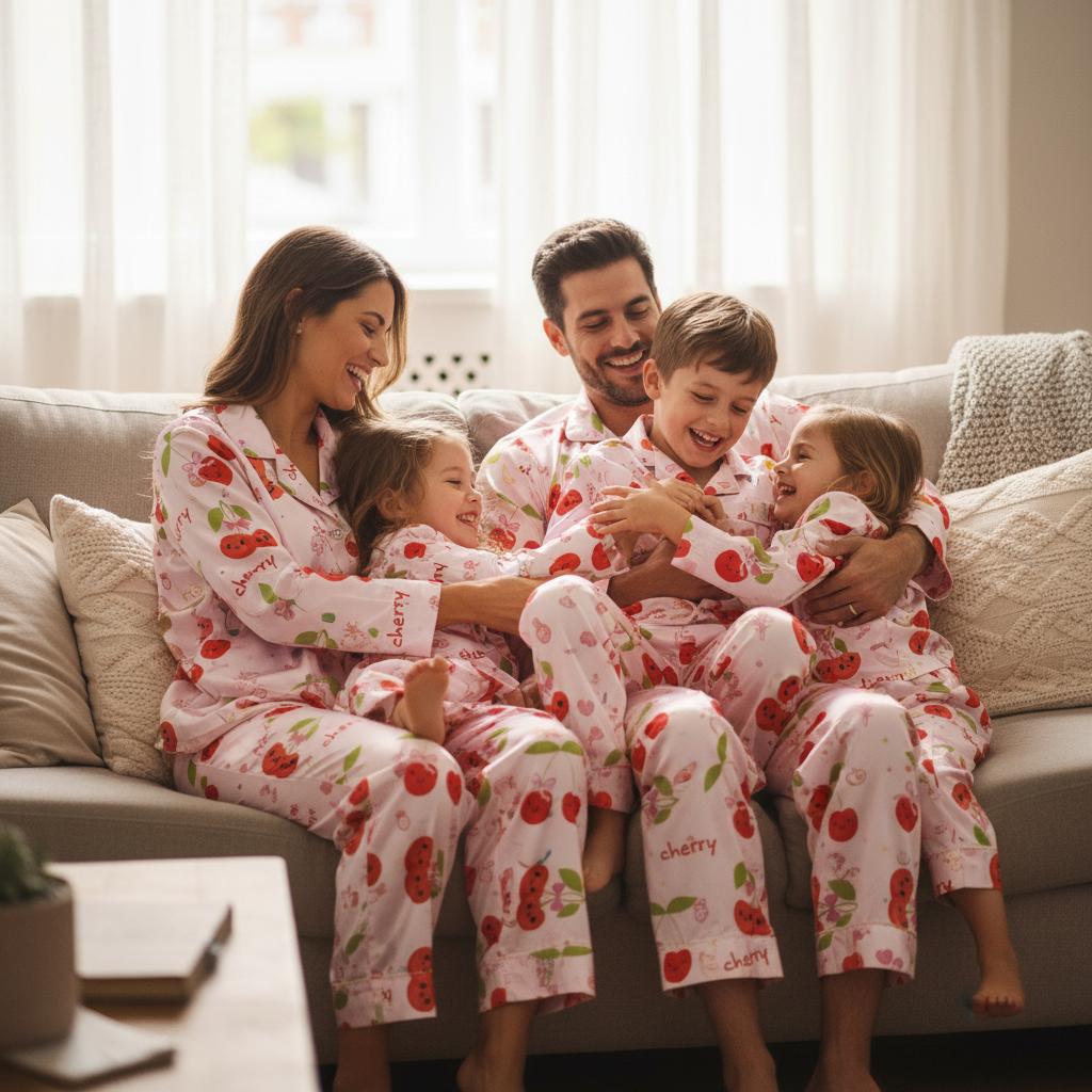Family of four wearing matching pajamas with cherry design on a couch.
