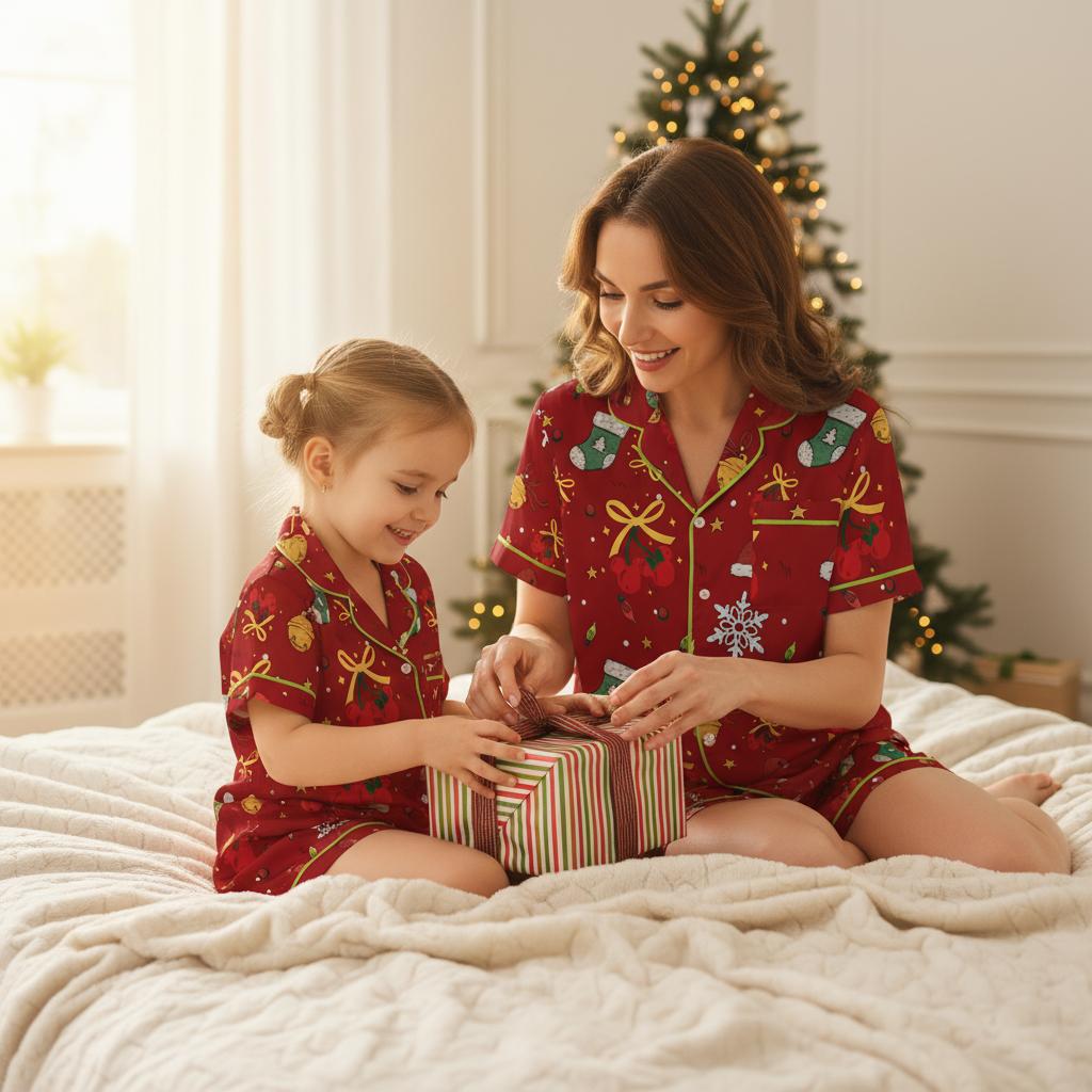 Woman and child in matching red Christmas-themed pajamas with cherry patterns opening a gift in a cozy room with Christmas decorations.