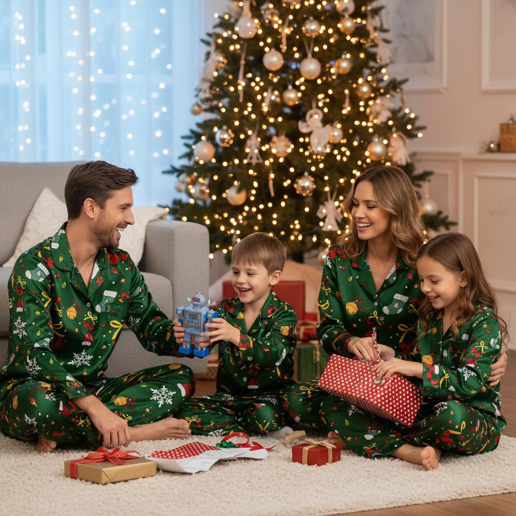 Family in matching Christmas pajamas sitting on the floor with a decorated Christmas tree in the background.