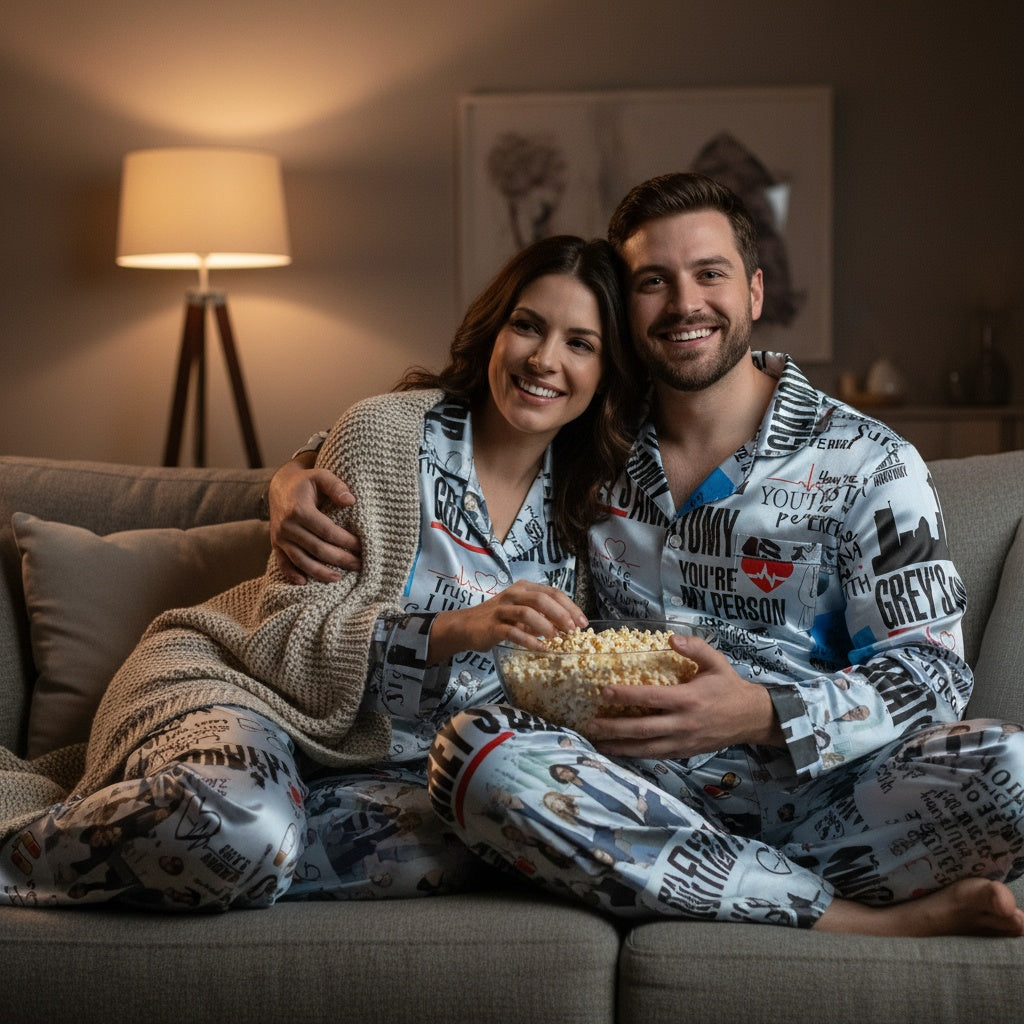 Couple in matching Grey's Anatomy pajamas sitting on a couch with popcorn, smiling at the camera.