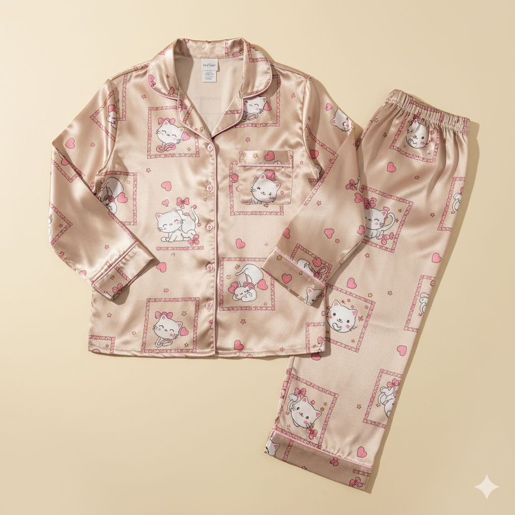 Beige pajama set with cartoon white cat and pink patterns on a beige background