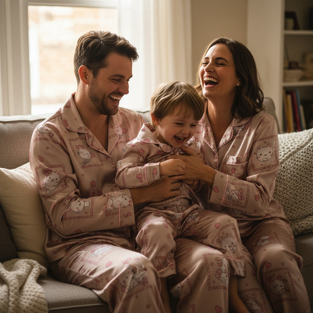 Family of three in matching pajama sets with cartoon white cat and pink patterns sitting on a couch, laughing together.