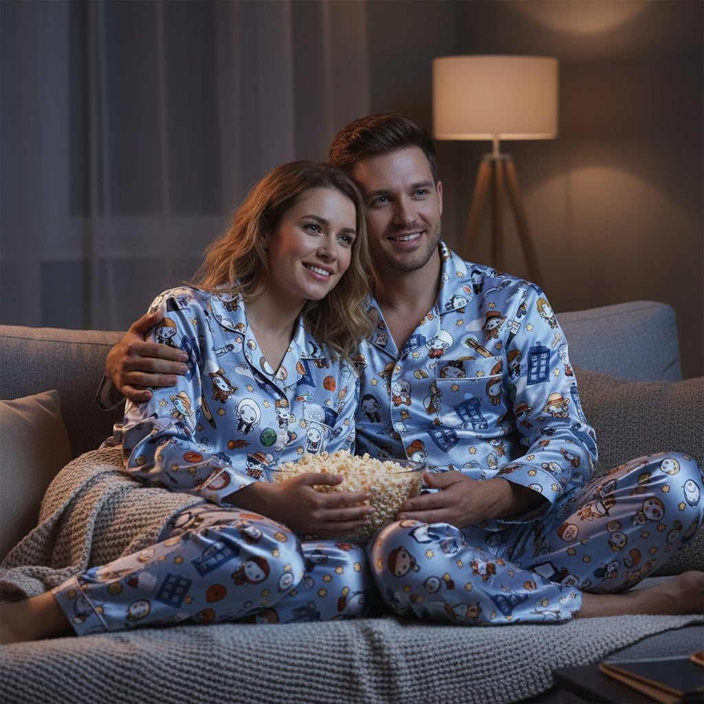Couple in matching Doctor Who-themed pajamas sitting on a couch with popcorn, smiling.