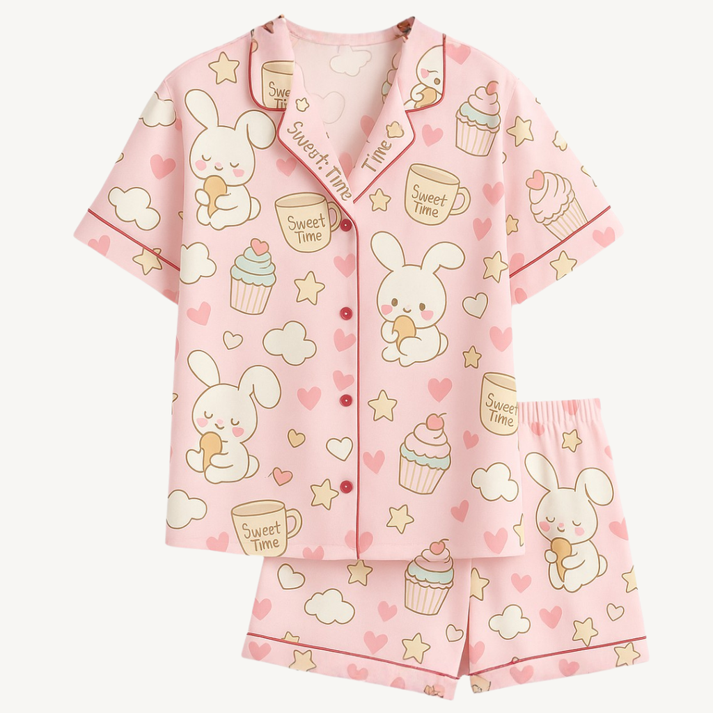 Pink pajama set with bunny and cupcake designs on a white background