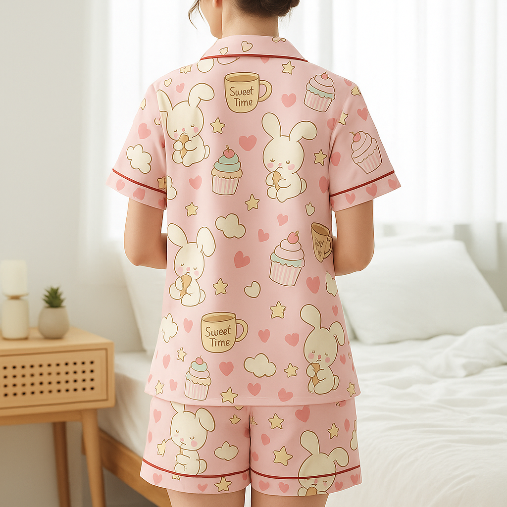 Woman wearing a pink pajama set with bunny and ice cream designs in a bedroom setting.