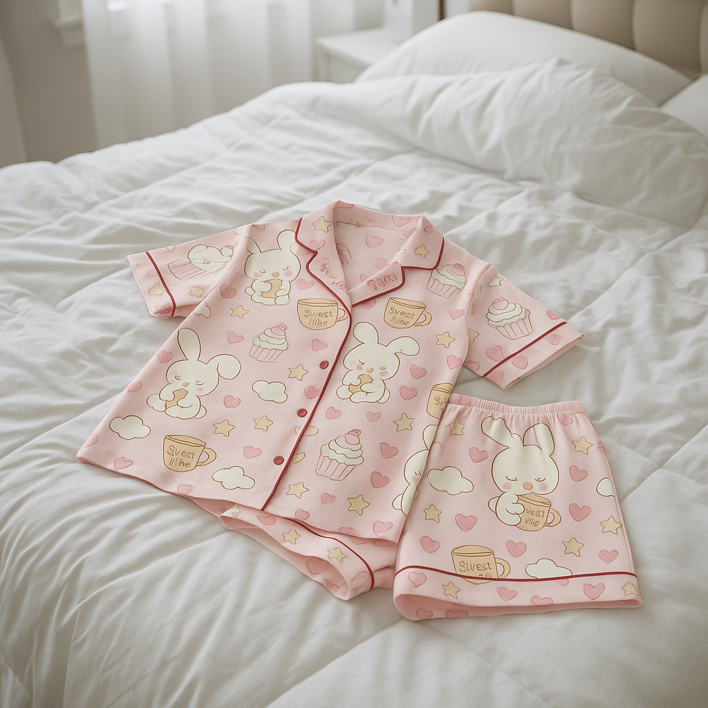 Pink pajama set with bunny and cupcake designs on a white bed.