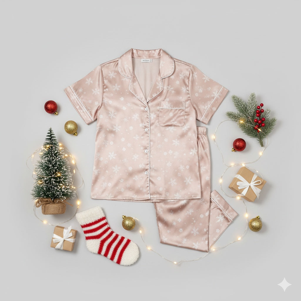 Pink snowflakes pattern pajama set with Christmas decorations on a light gray background