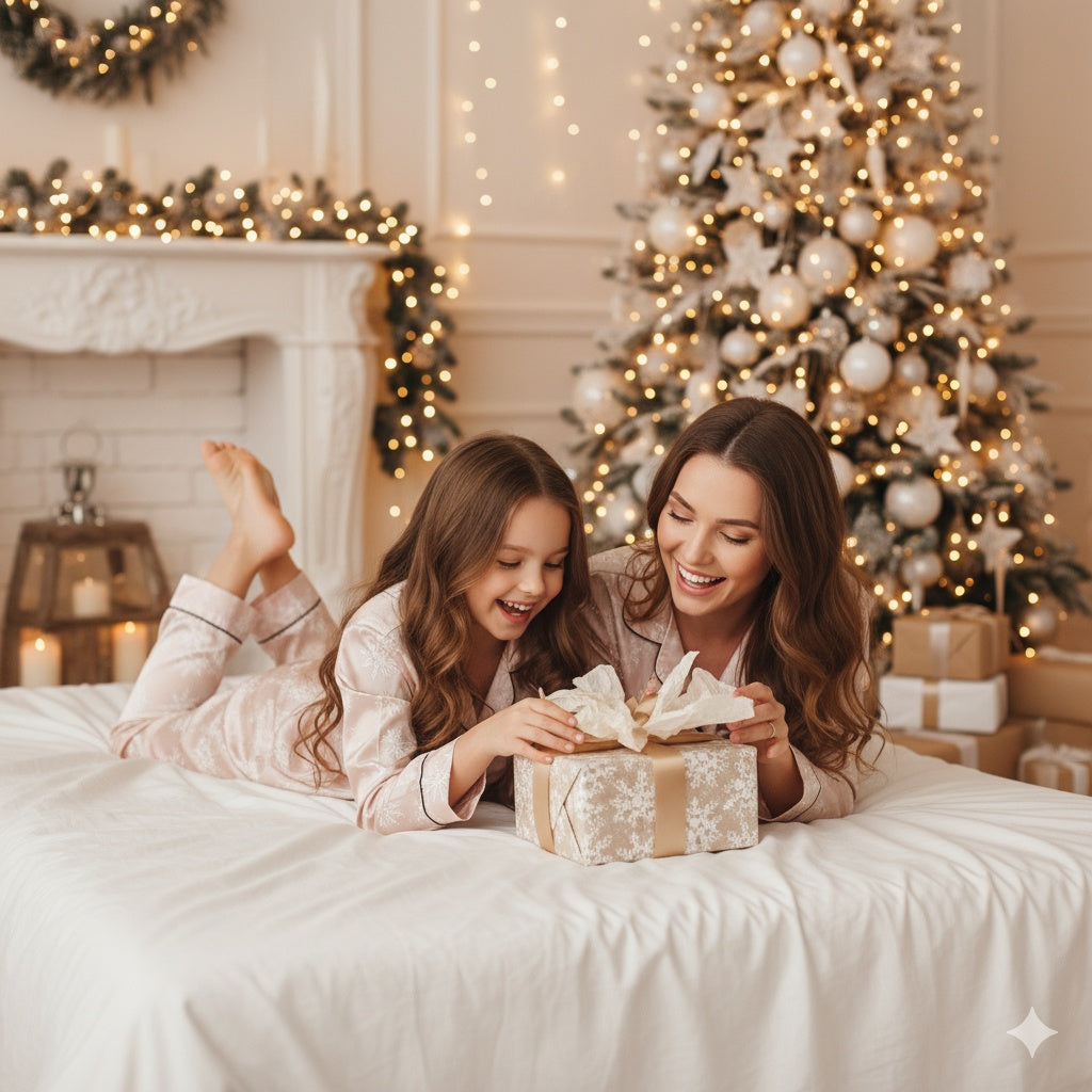 Mother and child in pink snowflakes pattern pajamas opening a gift in a cozy room with a Christmas tree and fireplace.