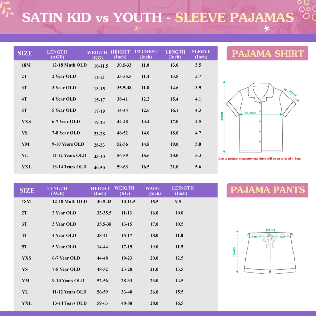 Short-sleeve pajama set for kids size chart