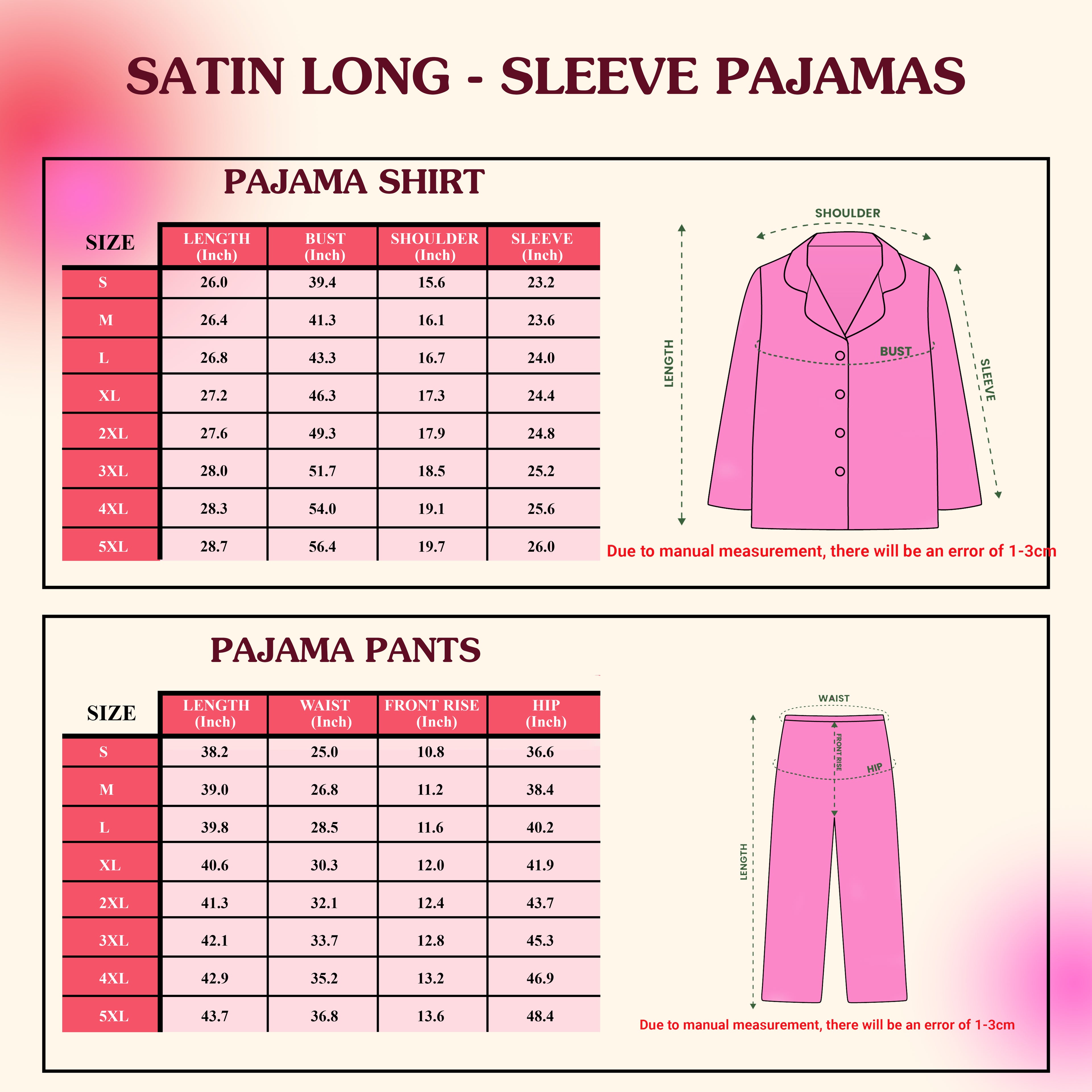 Long-sleeve pajama set size chart