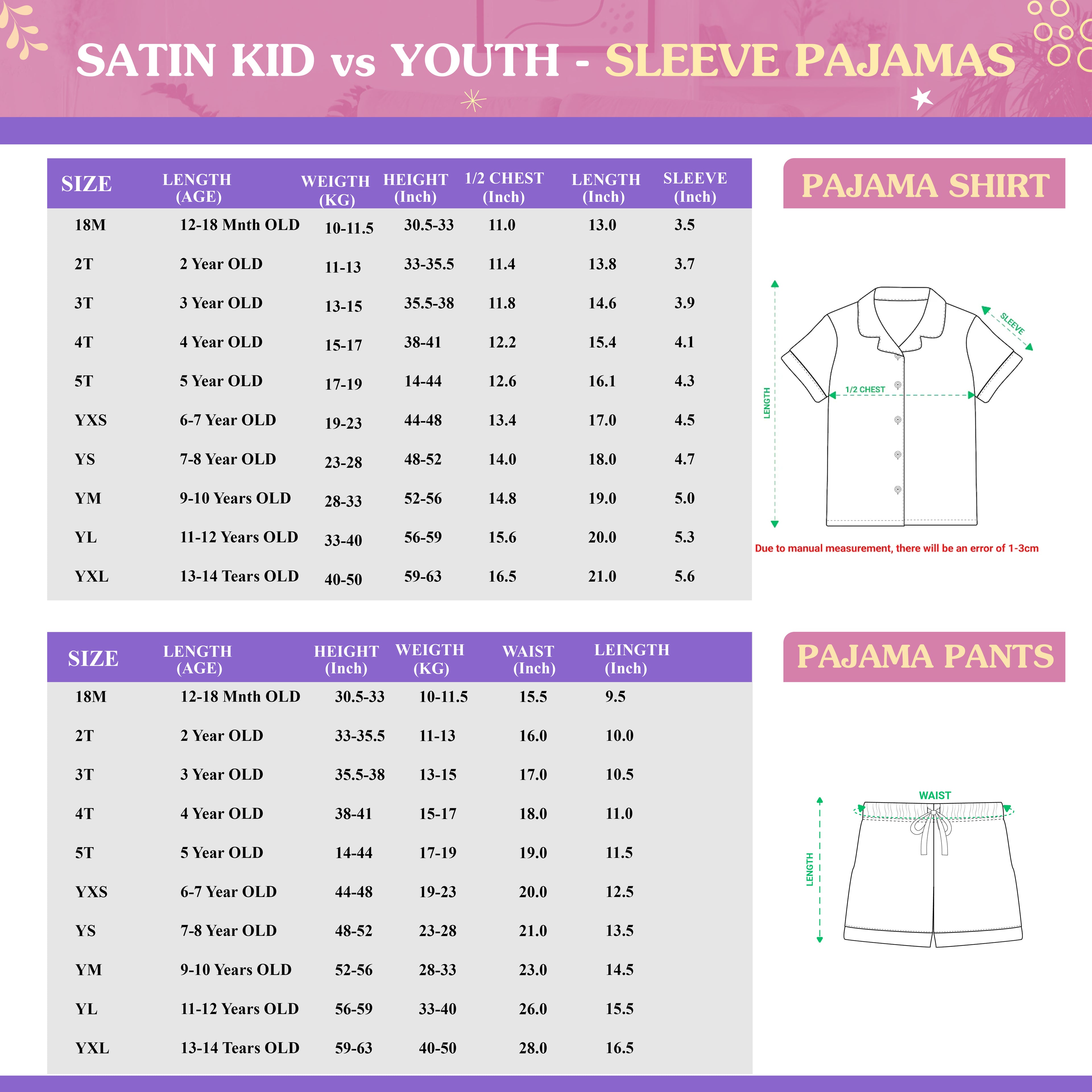 Short-sleeve pajama set for kids size chart