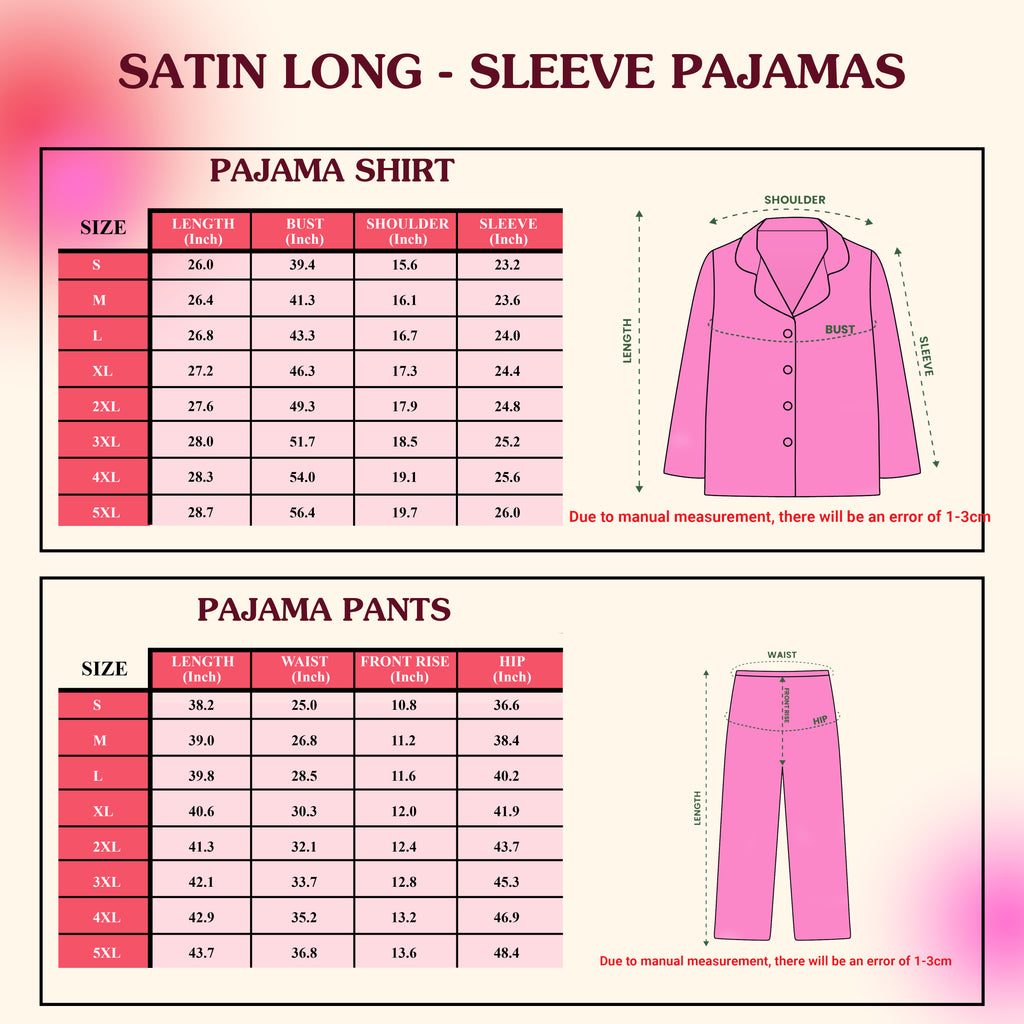 Long-sleeve pajama set size chart