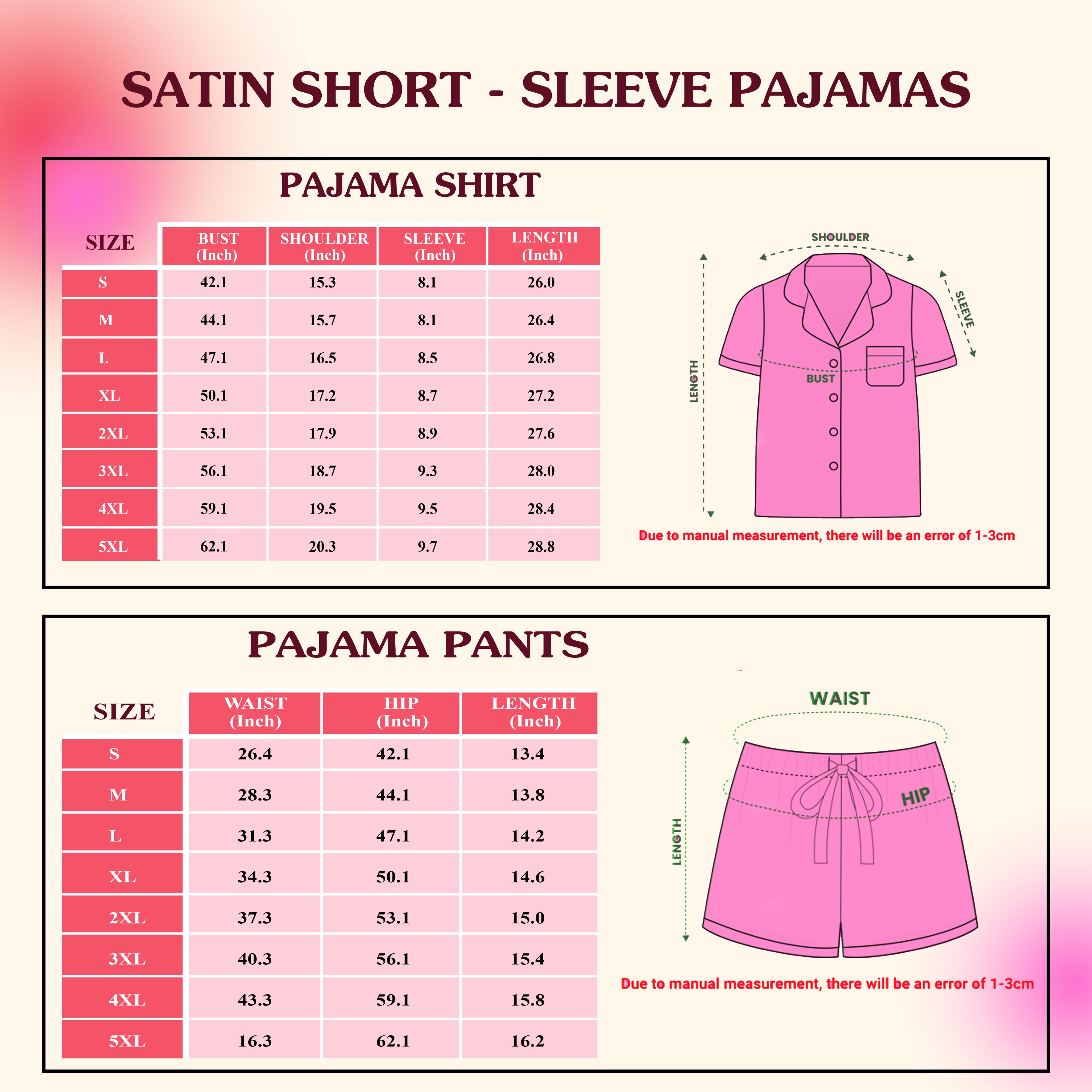 Short-sleeve pajama set size chart