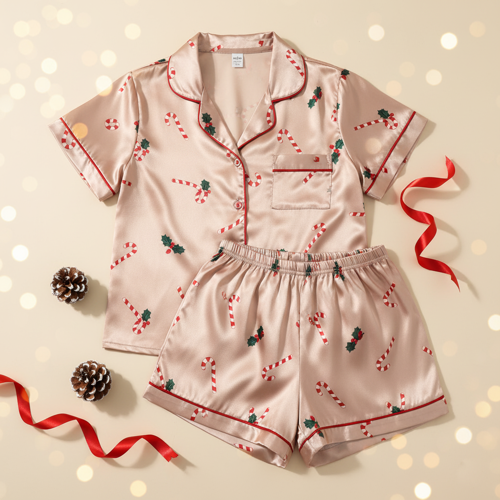 Pink pajama set with candy cane pattern on a beige background