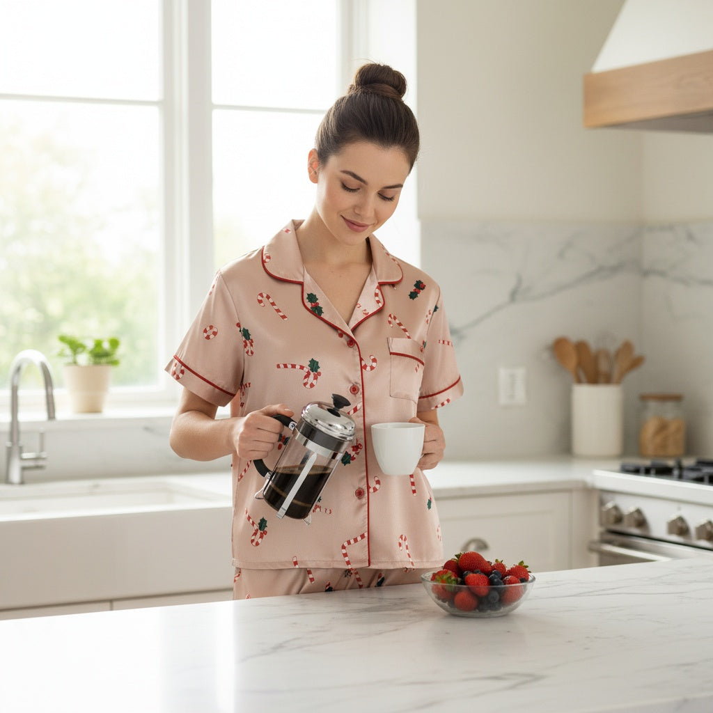 Woman in Christmas-themed pajamas making coffee in a kitchen
