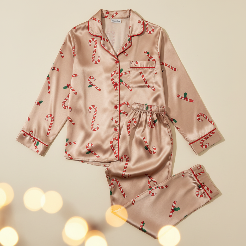 Christmas-themed pajama set with candy cane pattern on a beige background