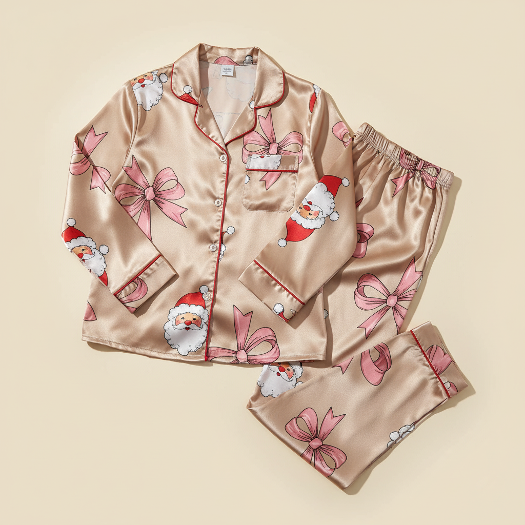 Holiday pajama set with Santa Claus and bow designs on a beige background