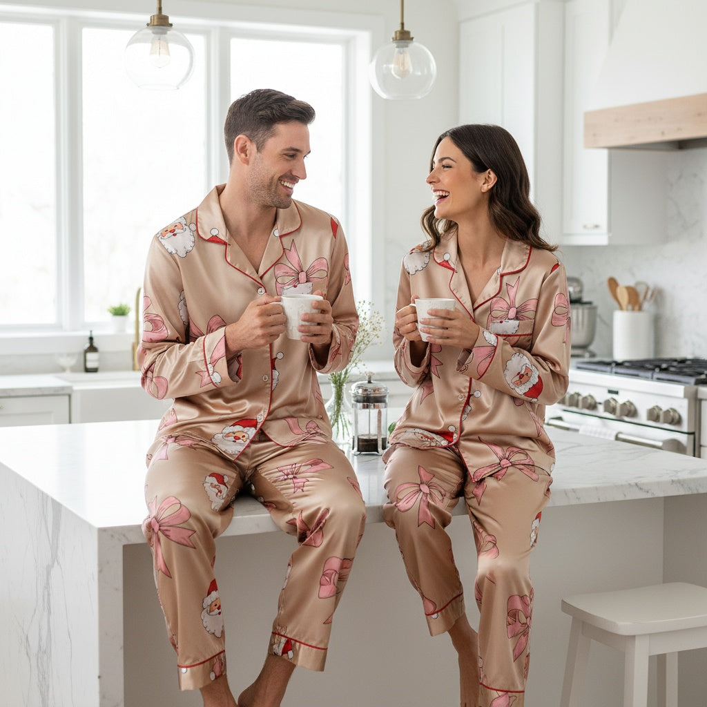 Man and woman in matching  cute Santa pajama sets sitting on a kitchen counter.